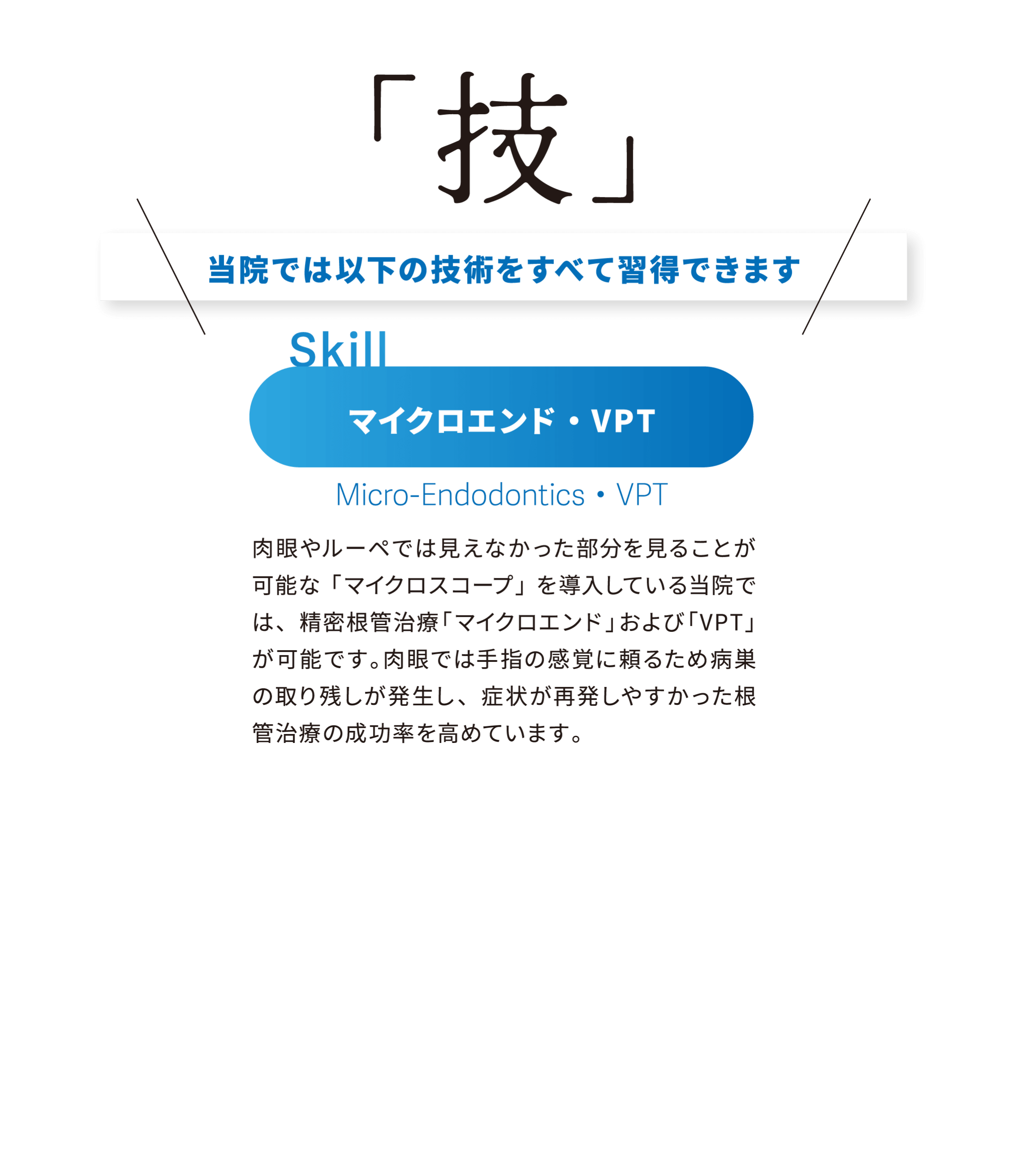 「技」 当院では以下の技術をすべて習得できます マイクロエンド・VPT