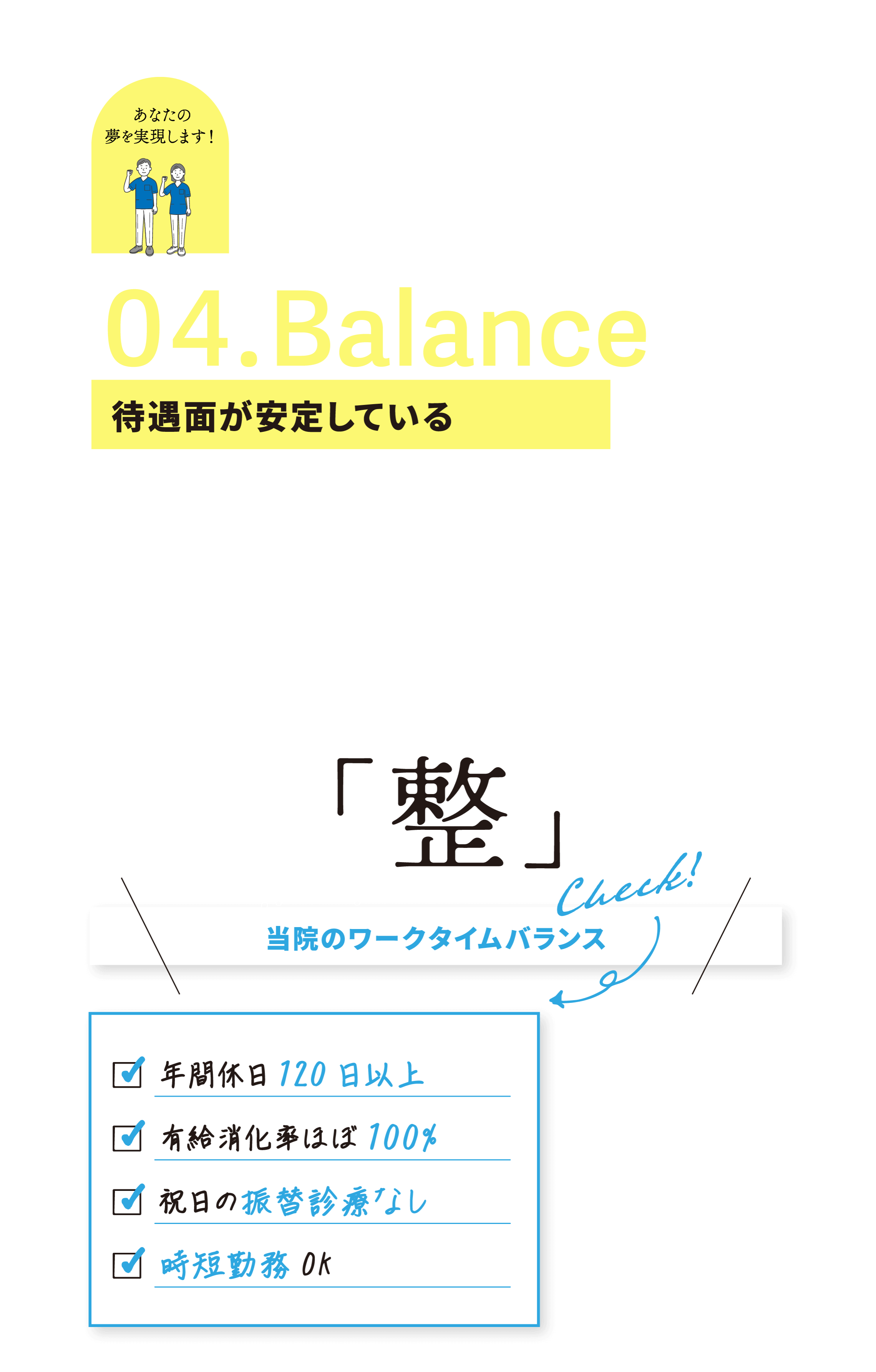 04.Balance 待遇面が安定している 「整」 当院のワークタイムバランス